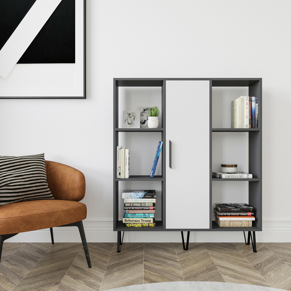 Decorotika Peoria Single Door 6 Shelf Anthracite and White Bookcase Image 4