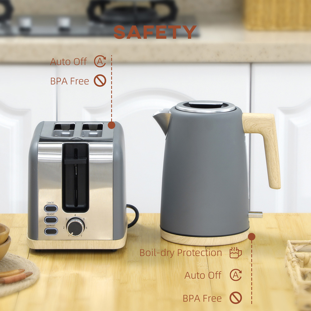 HOMCOM 800-234V70GY Grey 1.7L Electric Fast Boil Kettle and 2 Slice Toaster Set Image 7
