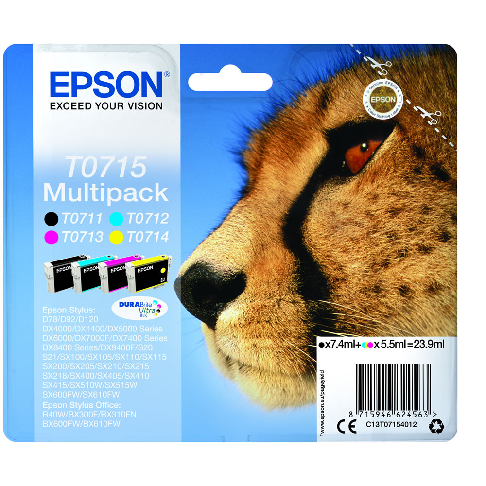Epson T0715 Ink Cartridge Multipack  - wilko Choose a genuine Epson Ink Cartridge for outstanding print output from your Epson printer. This cartridge multipack is packed with high quality Epson DuraBrite Ultra ink for even more vibrant photos, giving you superb results across anything from business documents to school reports, posters to photo prints. Because it's an official Epson cartridge, it ensures trouble-free, flawless printing.  Compatible with Epson Stylus: D78 / D92 / D120 / DX4000 / DX4400 / DX5000 Series / DX6000 / DX7000F / DX7400 Series / DX8400 / DX9400F Series / S20 / S21 / SX100 / SX105 / SX110 / SX115 / SX200 / SX205 / SX210 / SX215 / SX218 / SX400 / SX405 / SX410 / SX415 / SX510W / SX515W / SX600FW / SX610FW and Epson Stylus Office: B40W / BX300F / BX310FN / BX600FW / BX610FW