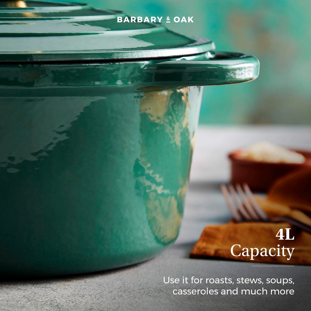 Barbary & Oak 24cm Green Cast Iron Round Non-Stick Casserole Pan with Lid Image 8