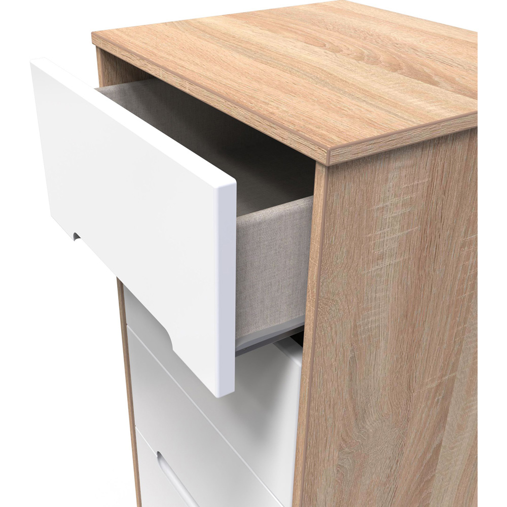 Crowndale Monaco 5 Drawer White Gloss and Bardolino Oak Tall Bedside Cabinet Ready Assembled Image 6