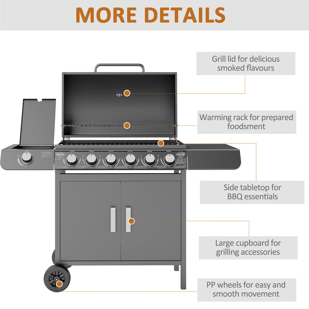 Outsunny Grey 6+1 Burner Gas Barbecue Grill with Wheel Image 7