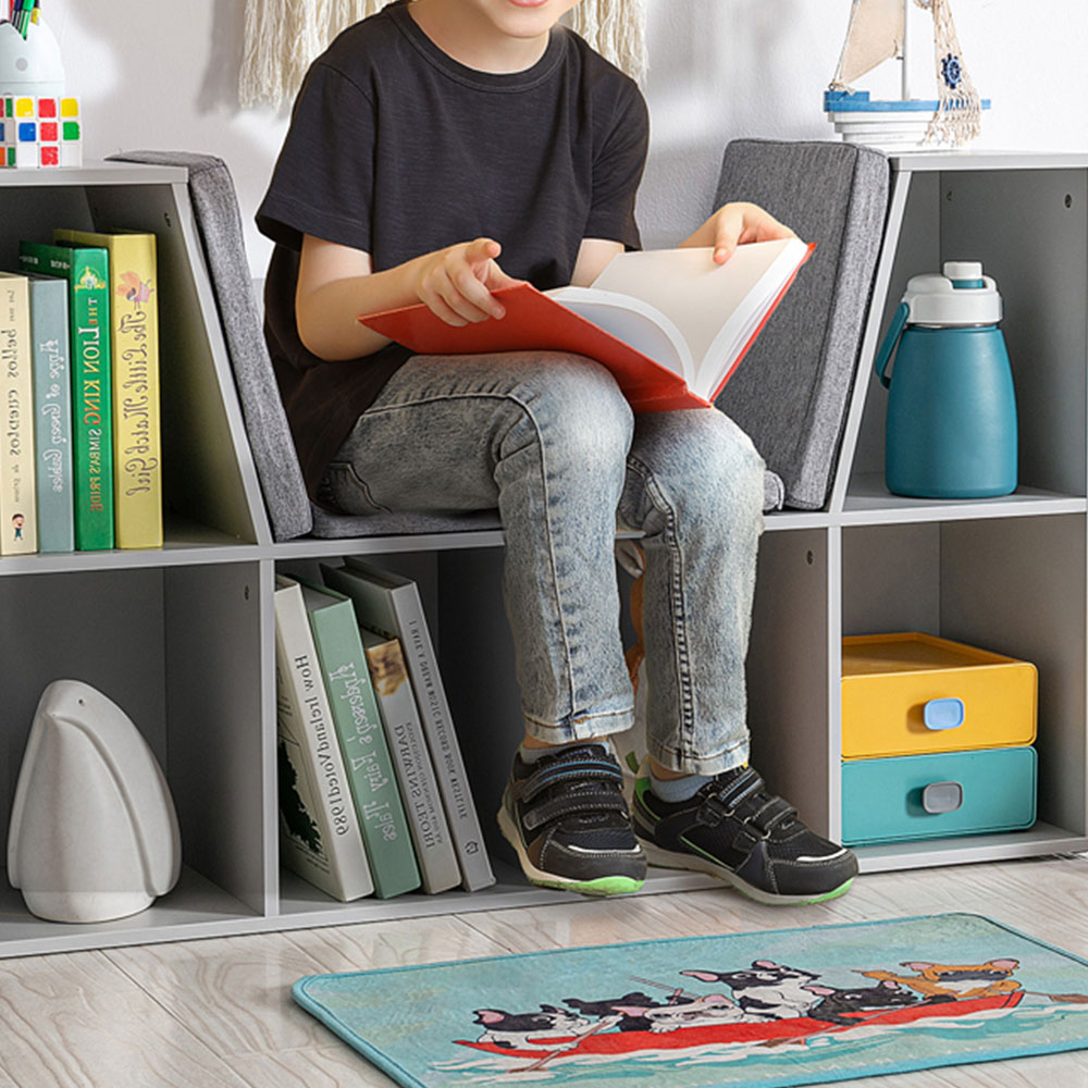 HOMCOM 6 Shelf Grey Kids Bookcase with Cushioned Reading Seat Image 3