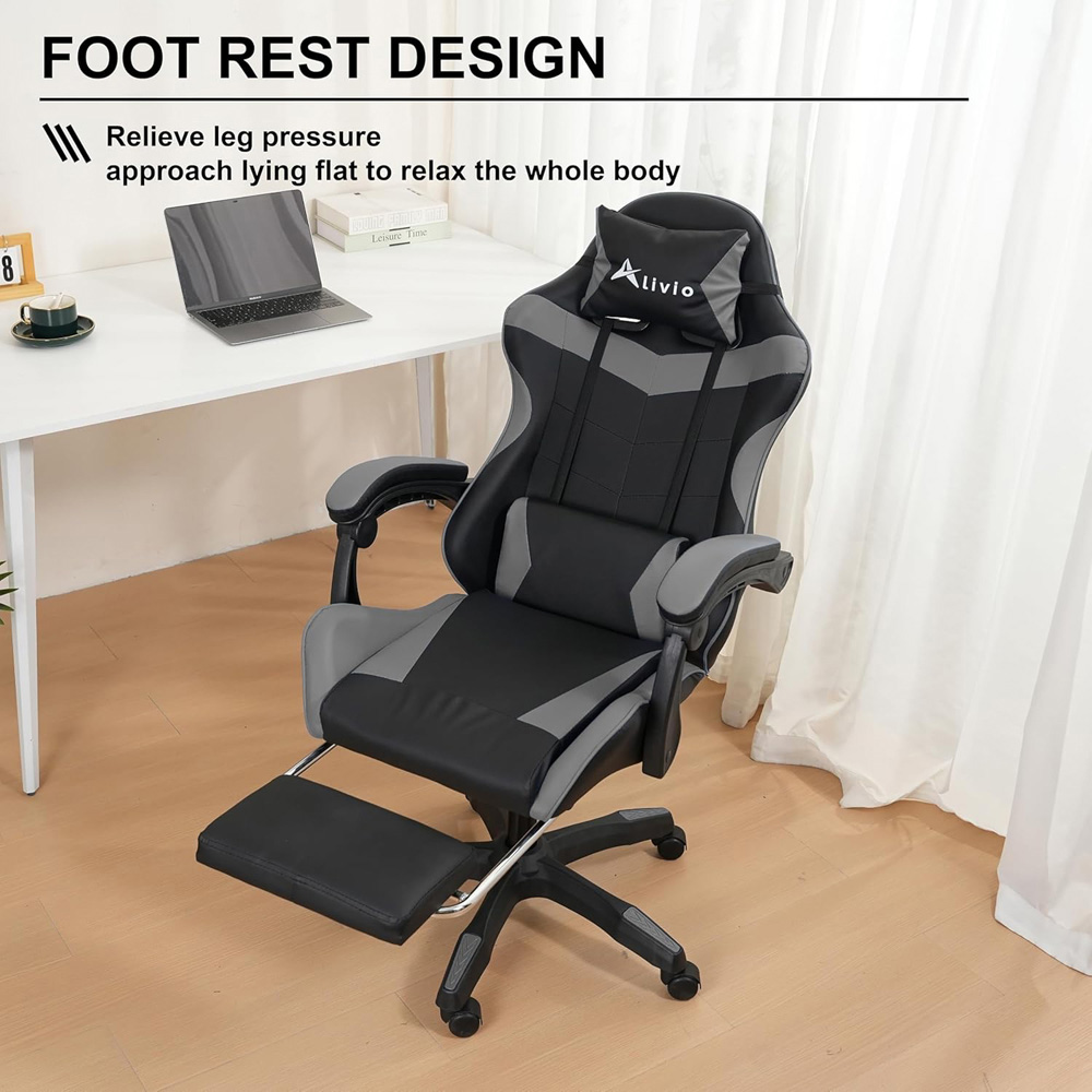 Alivio Black and Grey Ergonomic Swivel Gaming Chair with Footrest and Lumbar Support Image 9