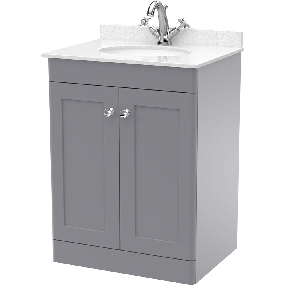 nuie Classique 2 Door Satin Grey Floor Standing Unit and 1 Tap Hole Marble Top Oval Basin 600mm Image 1