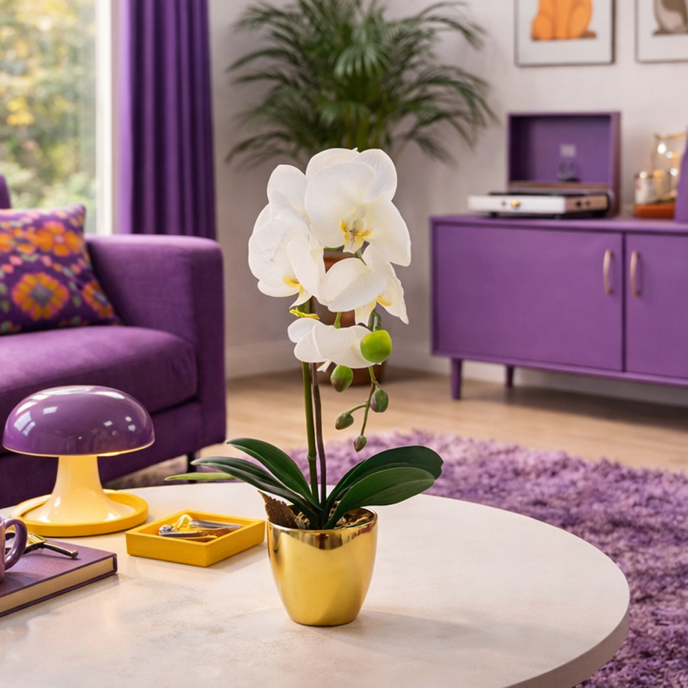 Leaf Dark White Orchid Artificial Plant with Gold Pot 46cm Image 2