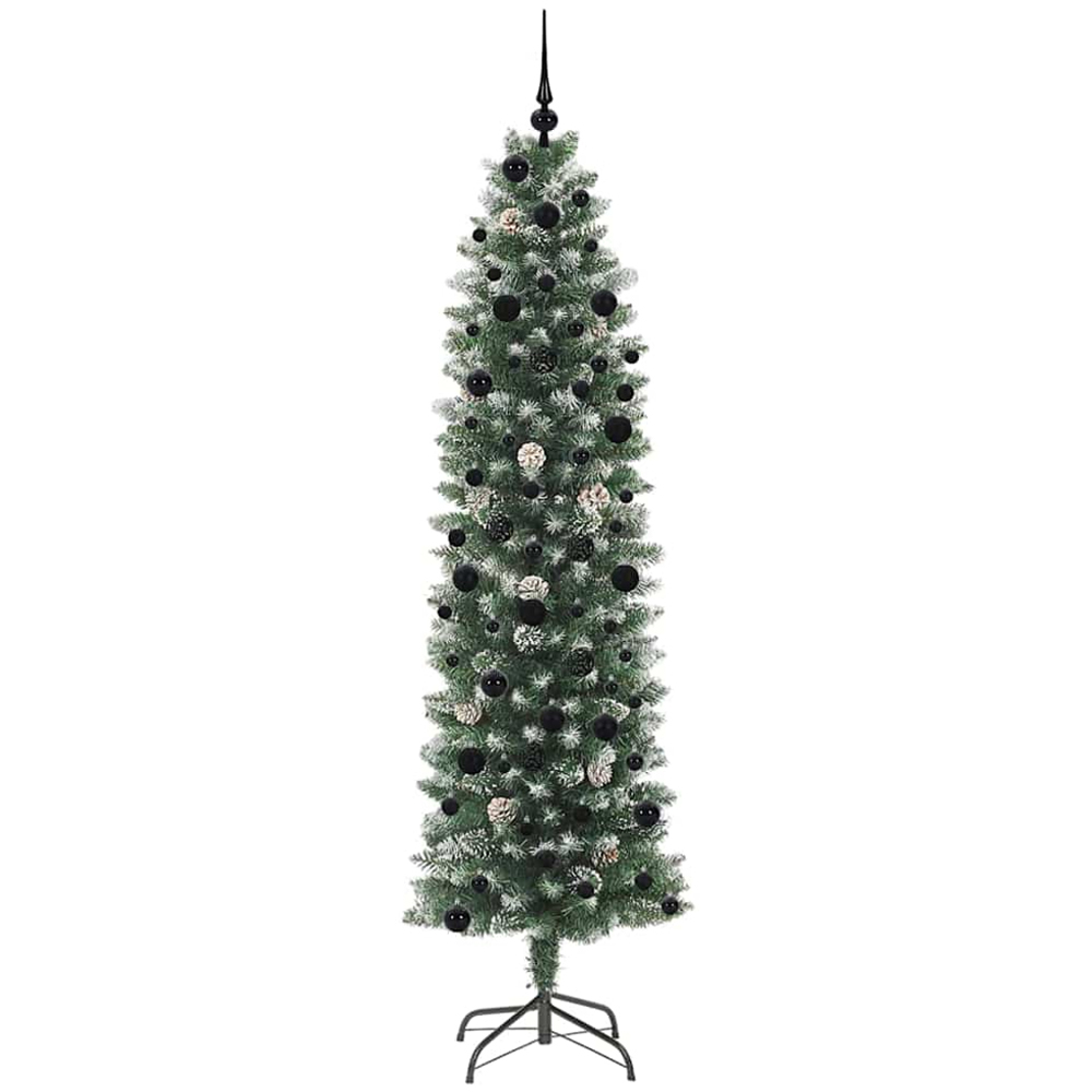 vidaXL Pre-Lit Warm White LED and Black Baubles Green Slim Artificial Christmas Tree 8ft Image 2