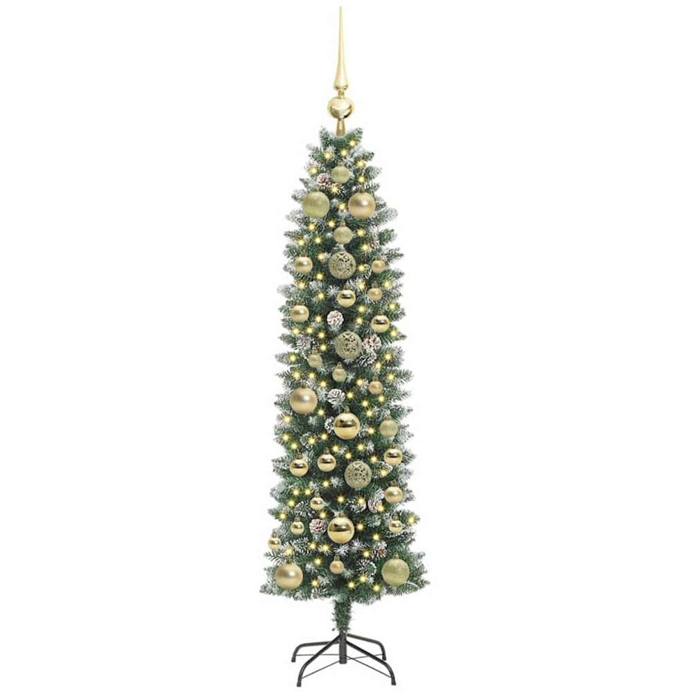 vidaXL Pre-Lit Warm White LED and Gold Baubles Green Slim Artificial Christmas Tree 5ft Image 2