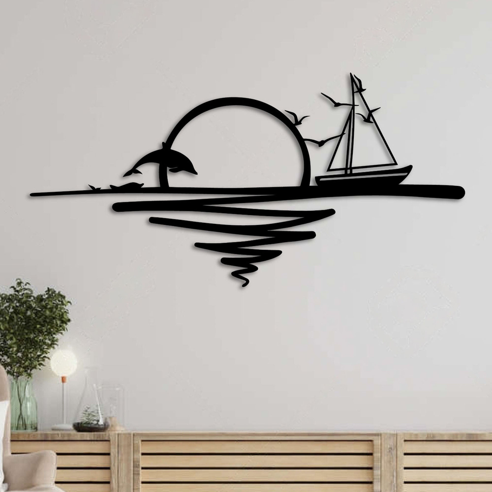 Decortie Sunrise and Sailing Boat Textured Black Metal Wall Art Image 3
