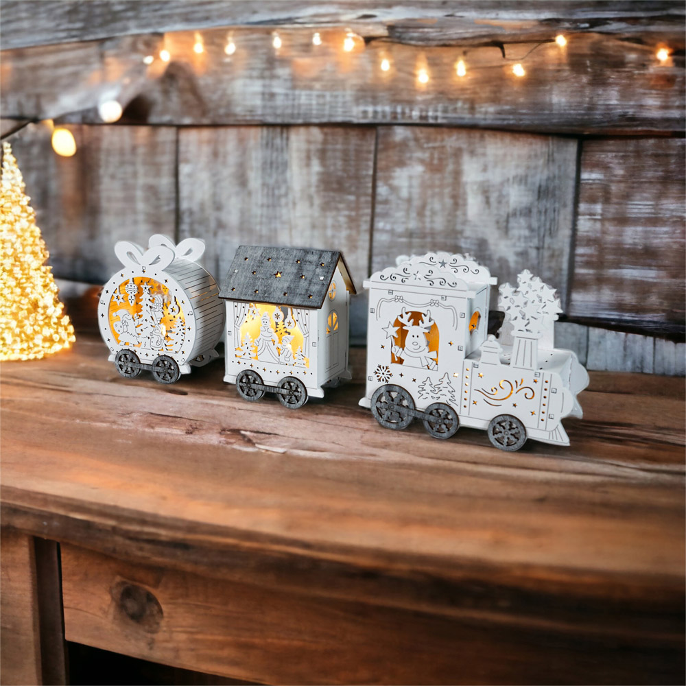 Xmas Haus White Light Up LED Wood Train Image 4