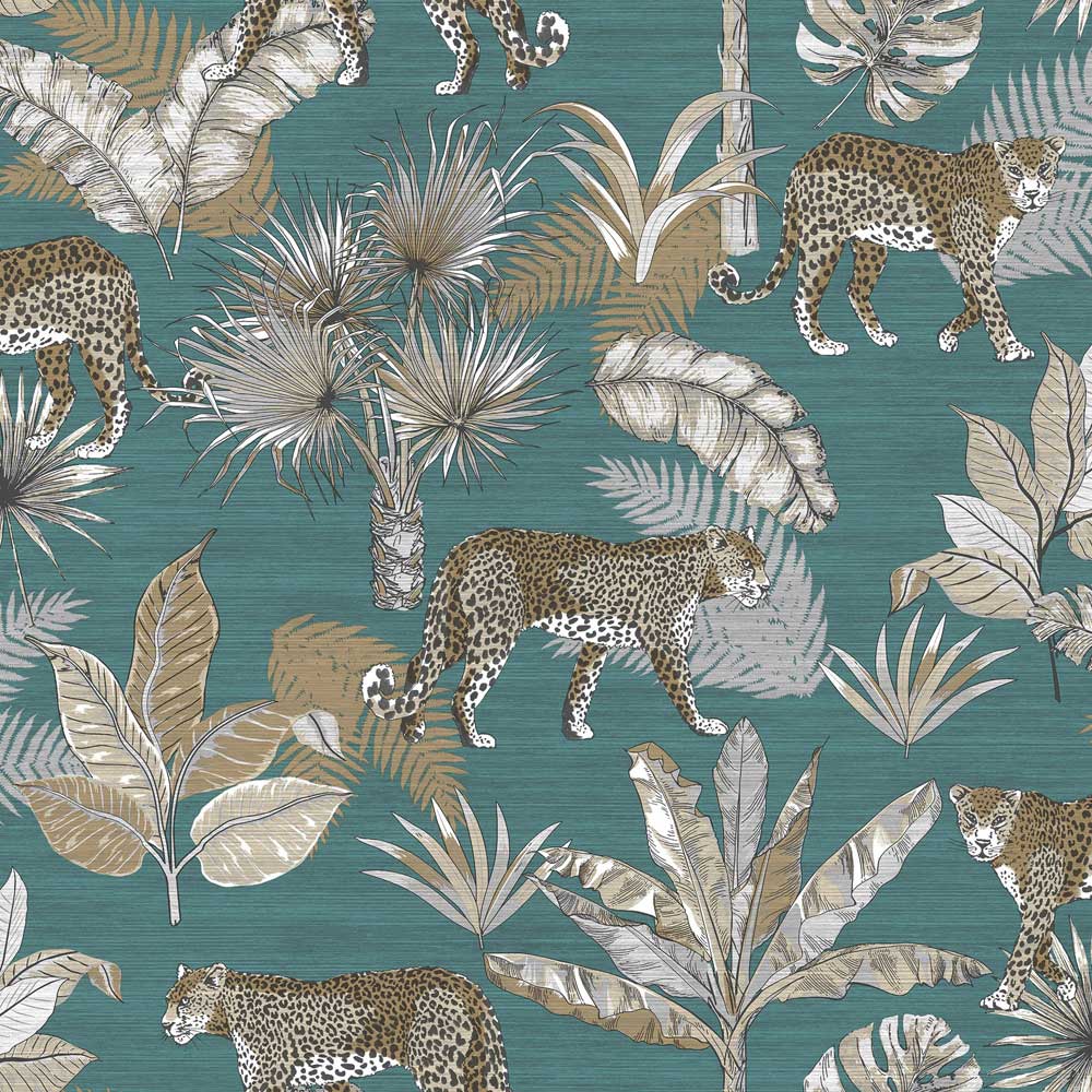 Grandeco Leopard Jungle Palm Linen Teal Textured Wallpaper Image 1