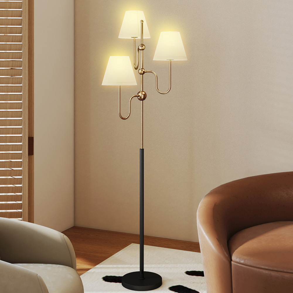HOMCOM 3 Light Linen Shade Gold Metal Floor Lamp with Foot Switch Image 4