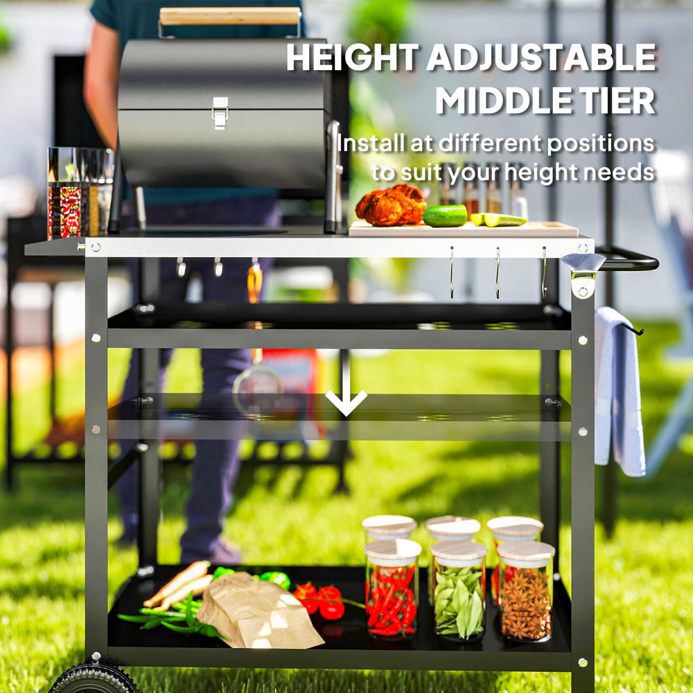 Outsunny Black Stainless Top Barbecue Trolley with Movable Pizza Table Image 6
