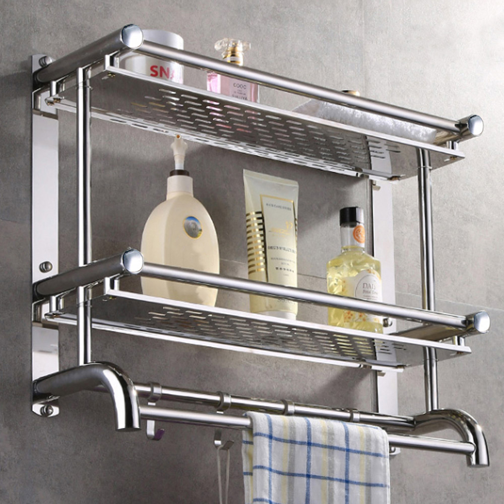 Living And Home WH0925 Silver Stainless Steel 2-Tier Bathroom Towel Rail With Hooks Image 8
