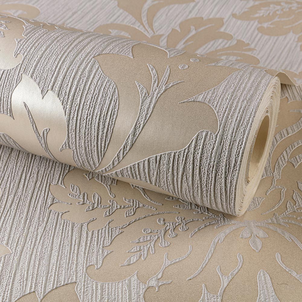 Grandeco Grey and Gold Louisa Damask Metallic and Glitter Textured