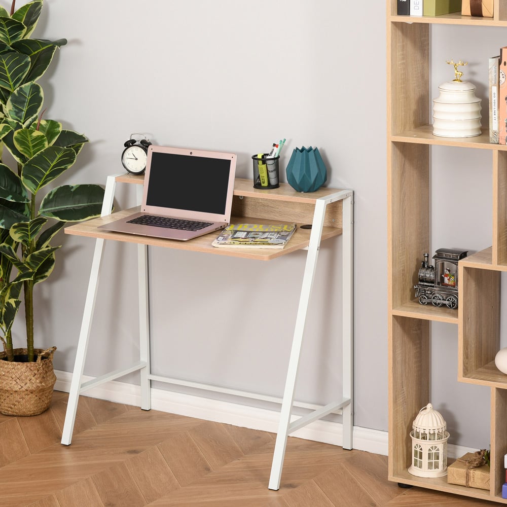 Portland 2 Tier Metal Frame Desk Oak Effect Image 4