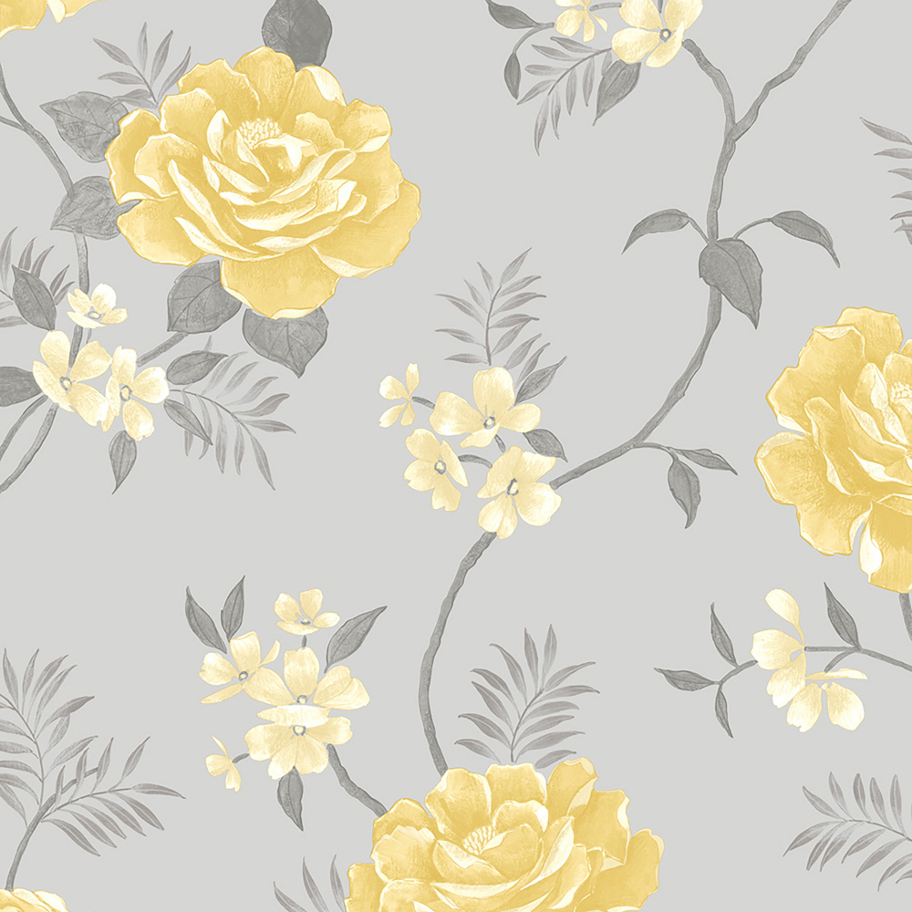 Muriva Rosalind Floral Grey and Ochre Wallpaper Image 1