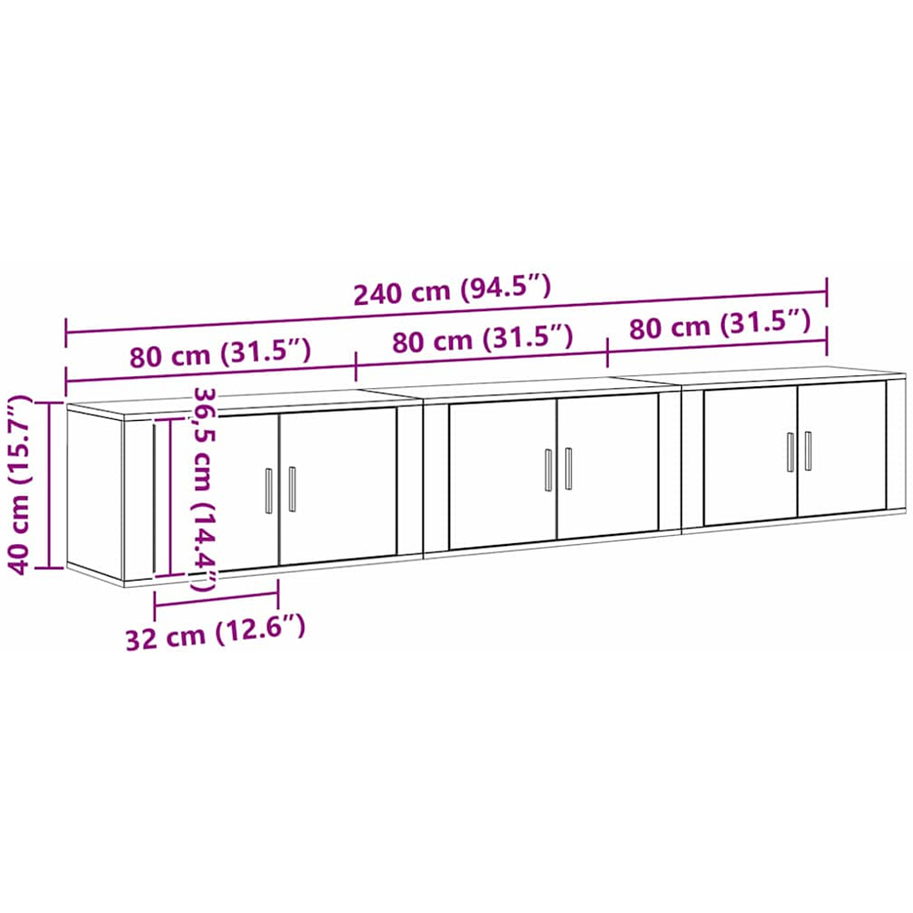 vidaXL 2 Door Black Oak Wall Mounted TV Unit Set of 3 Image 9