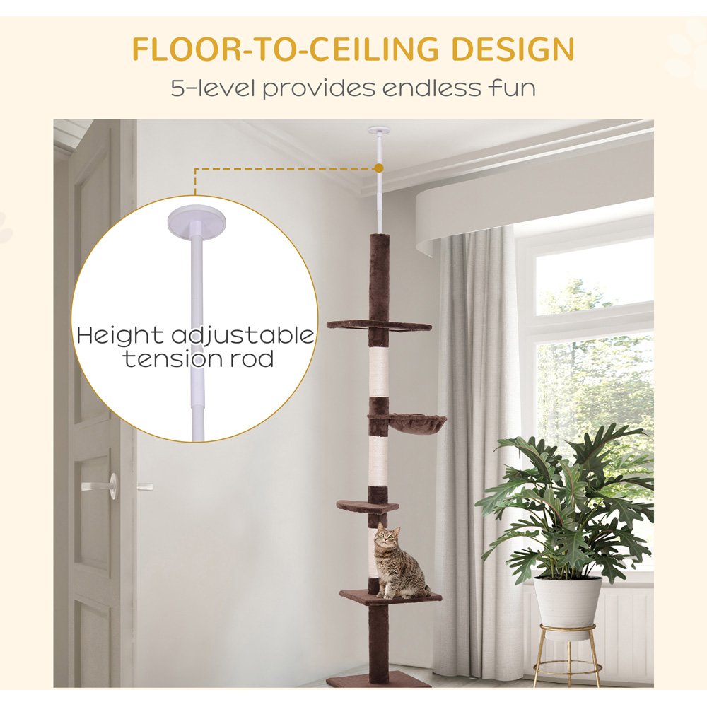 PawHut 5 Tier Brown and White Floor to Ceiling Cat Tree Image 5