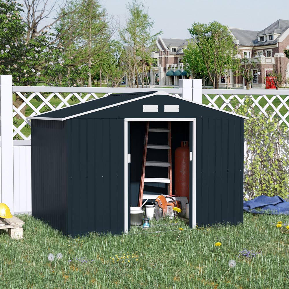 Outsunny 9 x 6ft Apex Double Sliding Door Metal Storage Shed Image 2