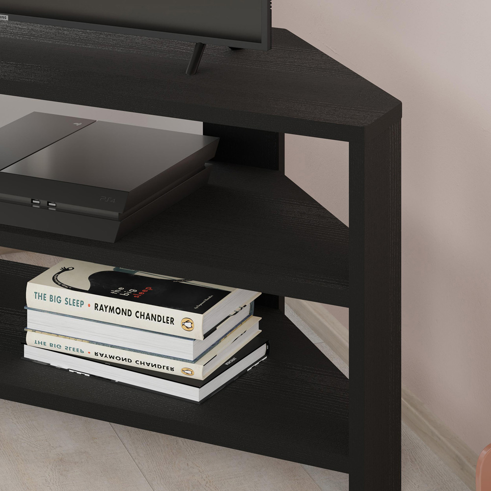 Decortie Thales 2 Shelf Black Wood Modern Corner TV Unit Image 3