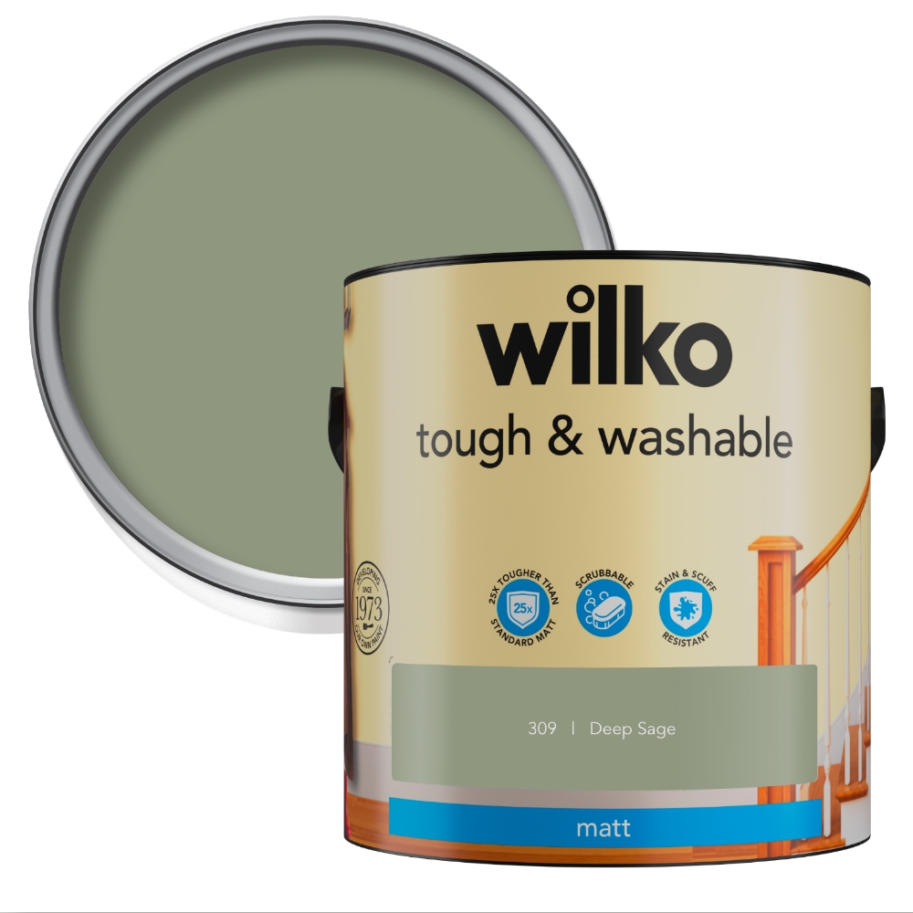 Wilko Tough & Washable Deep Sage Matt Emulsion Paint 2.5L Image 1