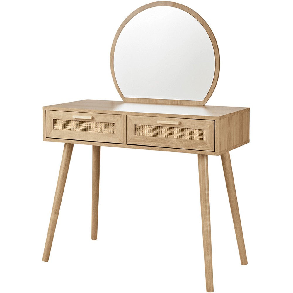 Home Source Astbury 2 Drawer Rattan Dressing Table with Circular Vanity Mirror Set Image 2