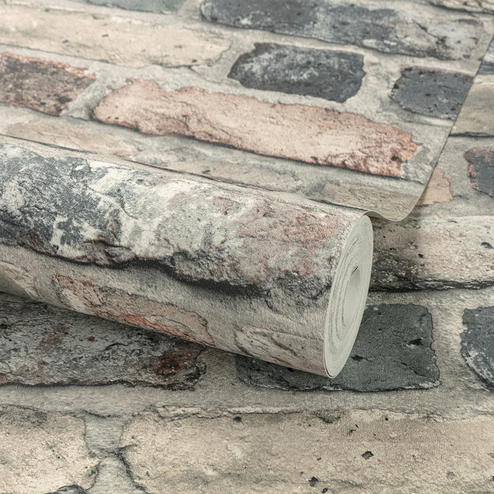 Grandeco Brick Industrial Rustic Charcoal Concrete Textured Wallpaper Image 2