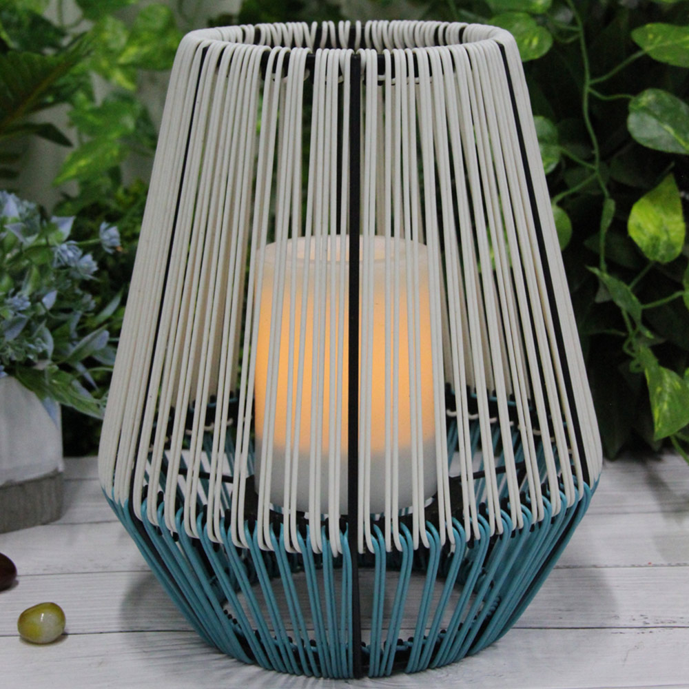 Callow White and Blue Outdoor Solar Rattan Effect Lantern with LED Candle Image 3