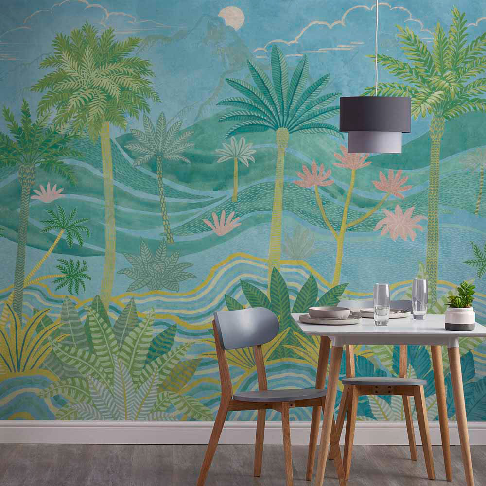 Grandeco Palm Spring Scene Blue 7 Lane Wall Mural Image 1