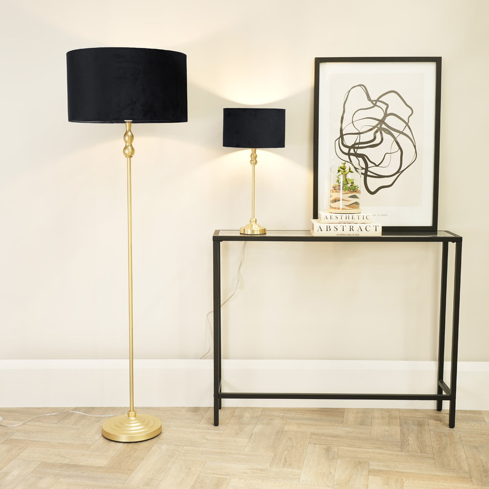 ValueLights Maggie Black Velvet and Gold Drum Shade Candlestick LED Floor Lamp Image 4