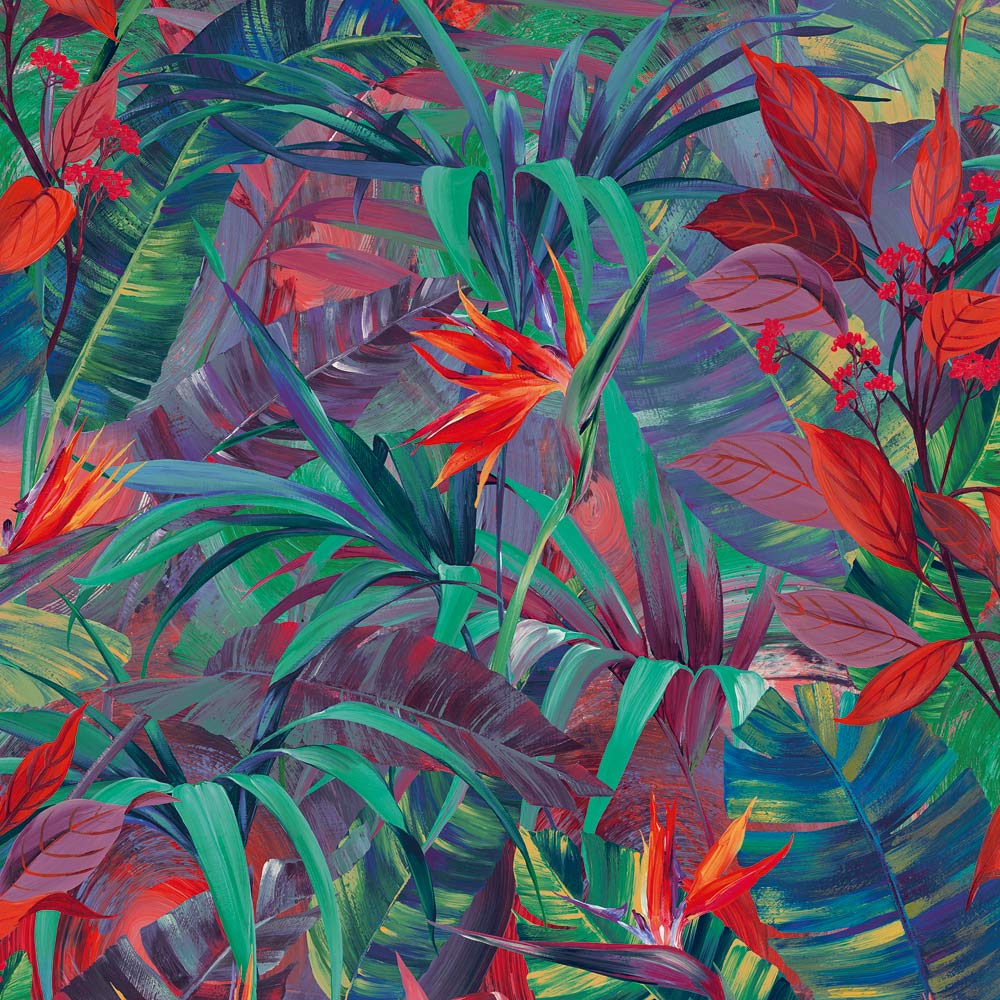 Grandeco Paradise Jungle Painted Flower Red and Green Textured Wallpaper Image 1