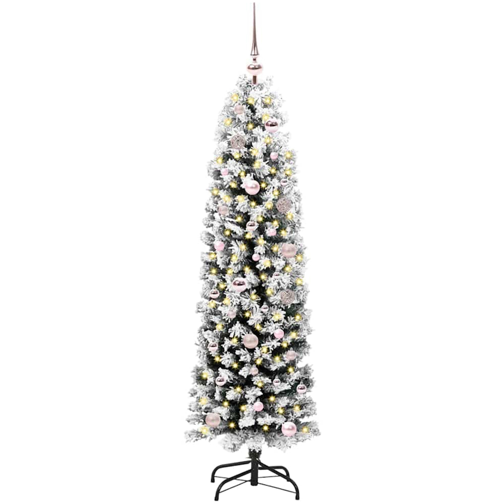 vidaXL Green Snow Flocked Artificial Christmas Tree with LEDs Pink Decoration Ornaments 5ft Image 1