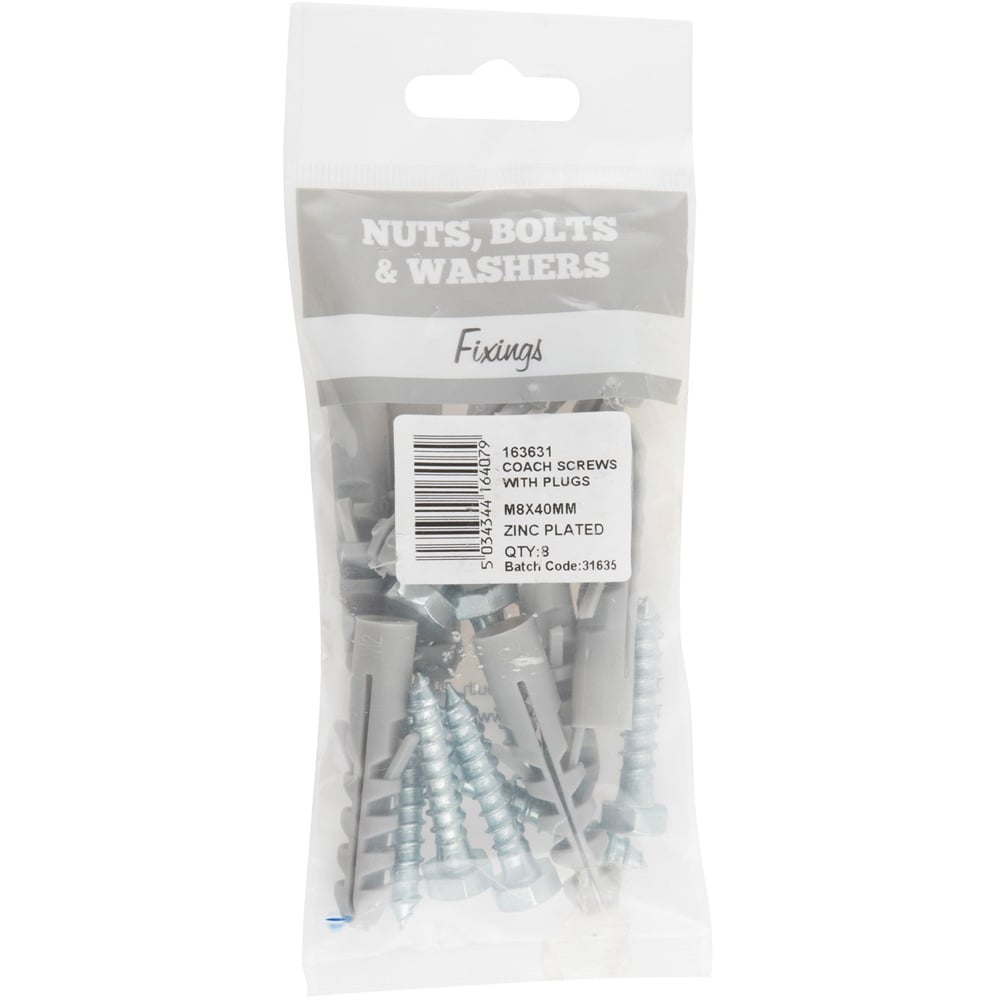 Hiatt M8 80mm Zinc Plated Coach Screws with Wall Plugs 8 Pack Image 1