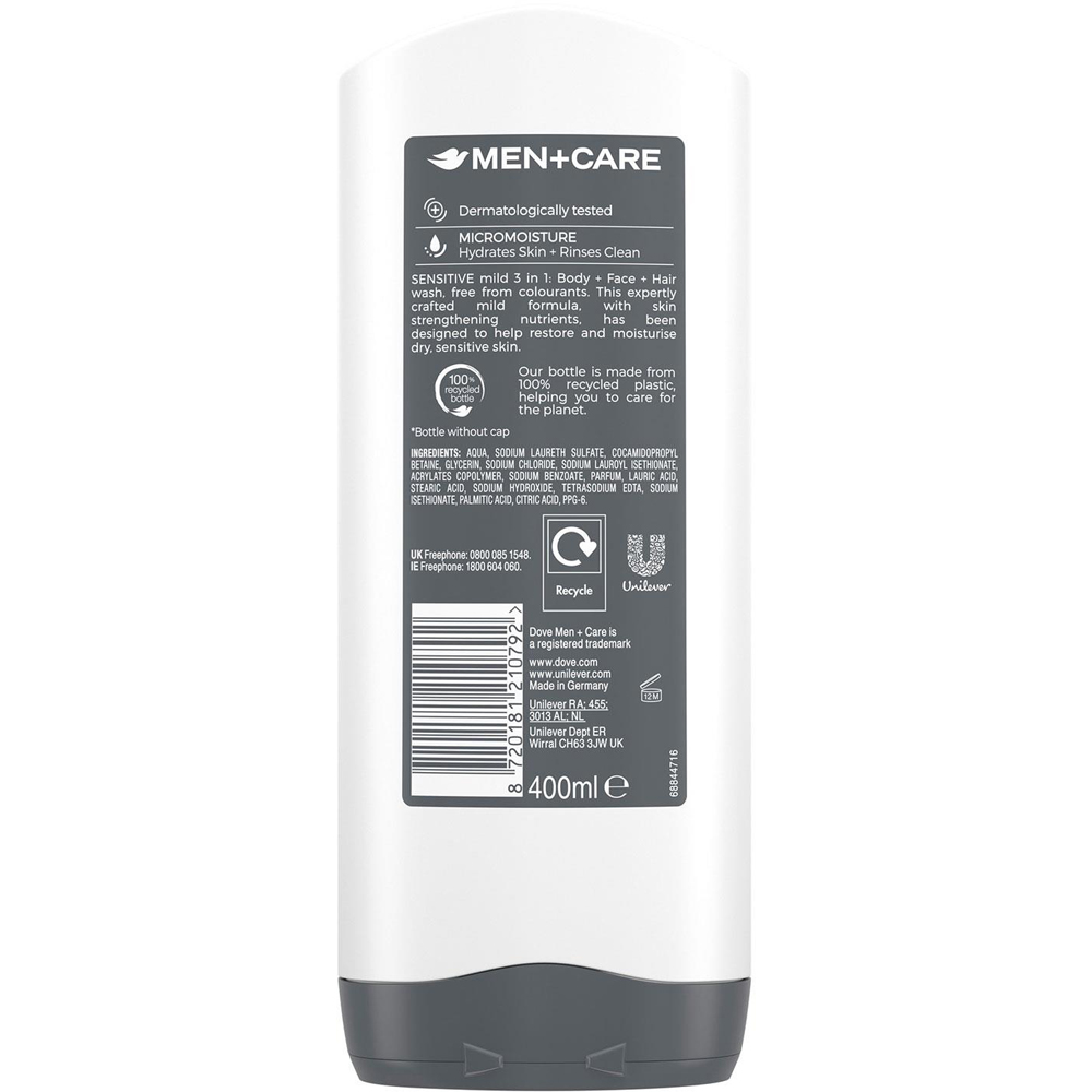 Dove Men+ Care 3-in-1 Hydrating Sensitive Body Face and Hair Wash 400ml 18 Pack Image 4