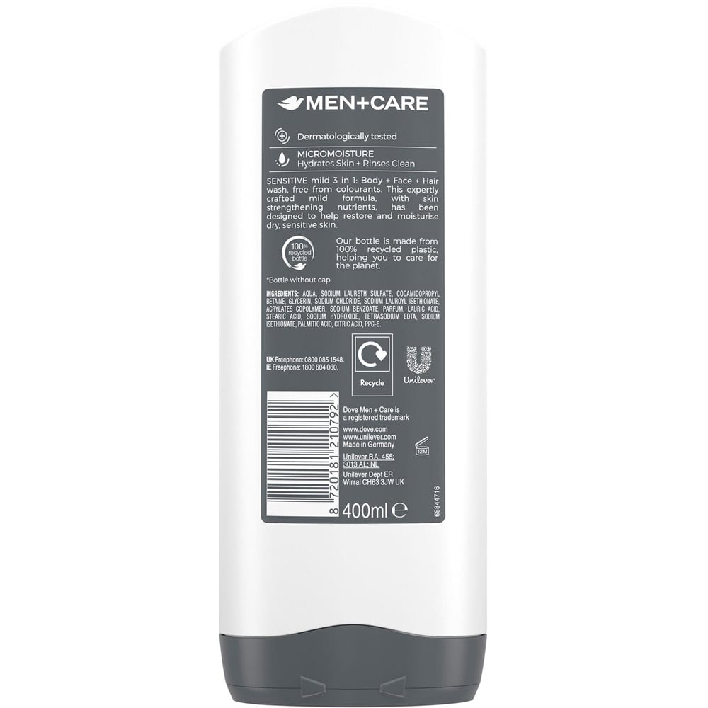 Dove Men+ Care 3-in-1 Hydrating Sensitive Body Face and Hair Wash 400ml 6 Pack Image 4