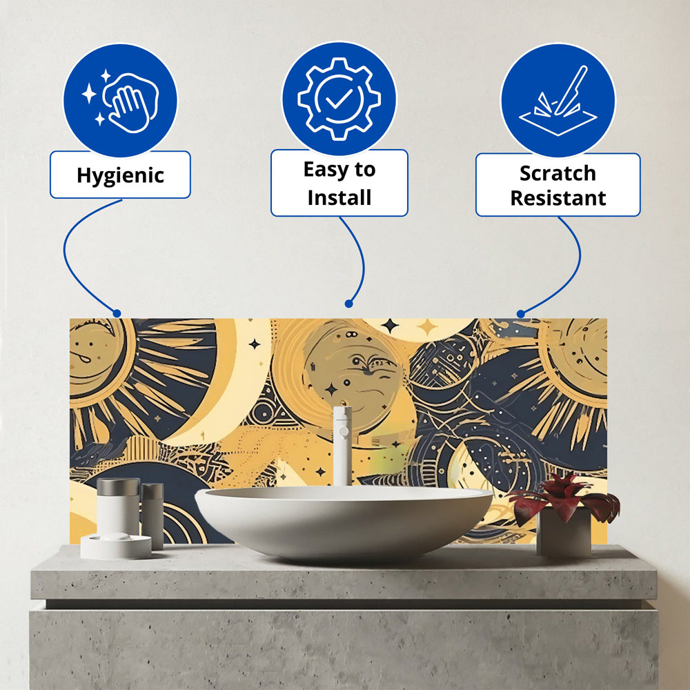 Warren Reed Designer Blue Gold Moon and Sun Glass Bathroom Splashback 25 x 60cm Image 3