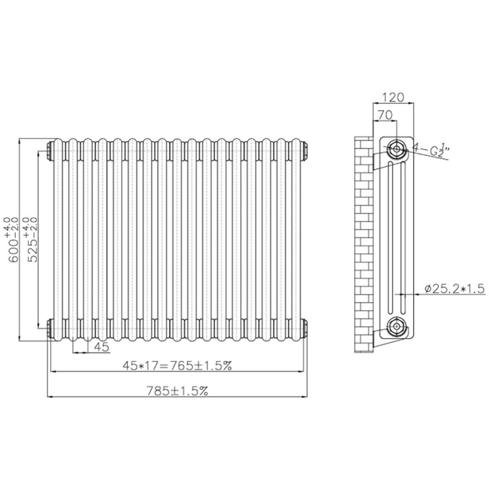 Go Bathrooms Clarence Raw Metal 3 Column Radiator 600 x 785mm Image 3