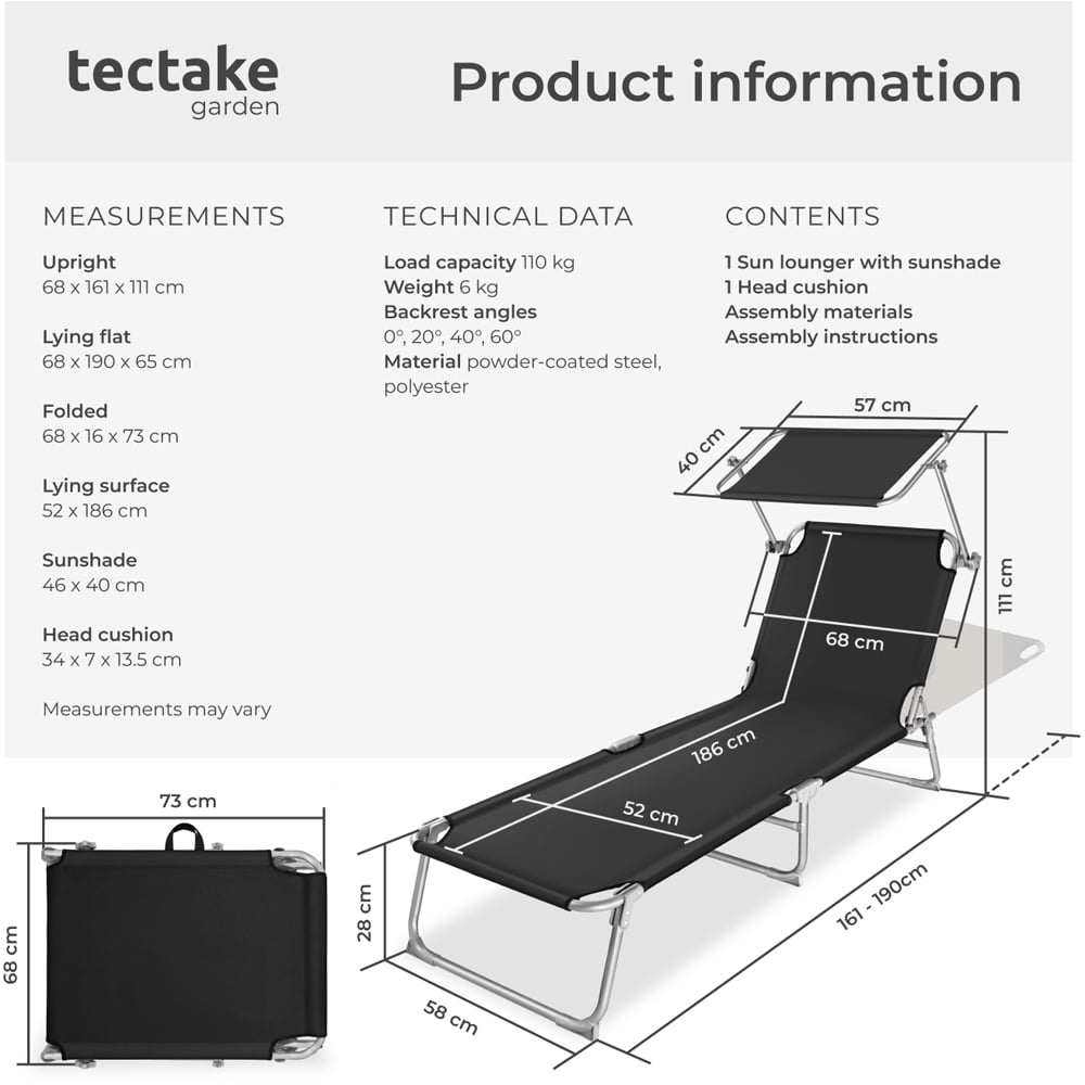 tectake Chloé Black 4 Step Backrest Foldable Sun Lounger with Head Cushion Image 9