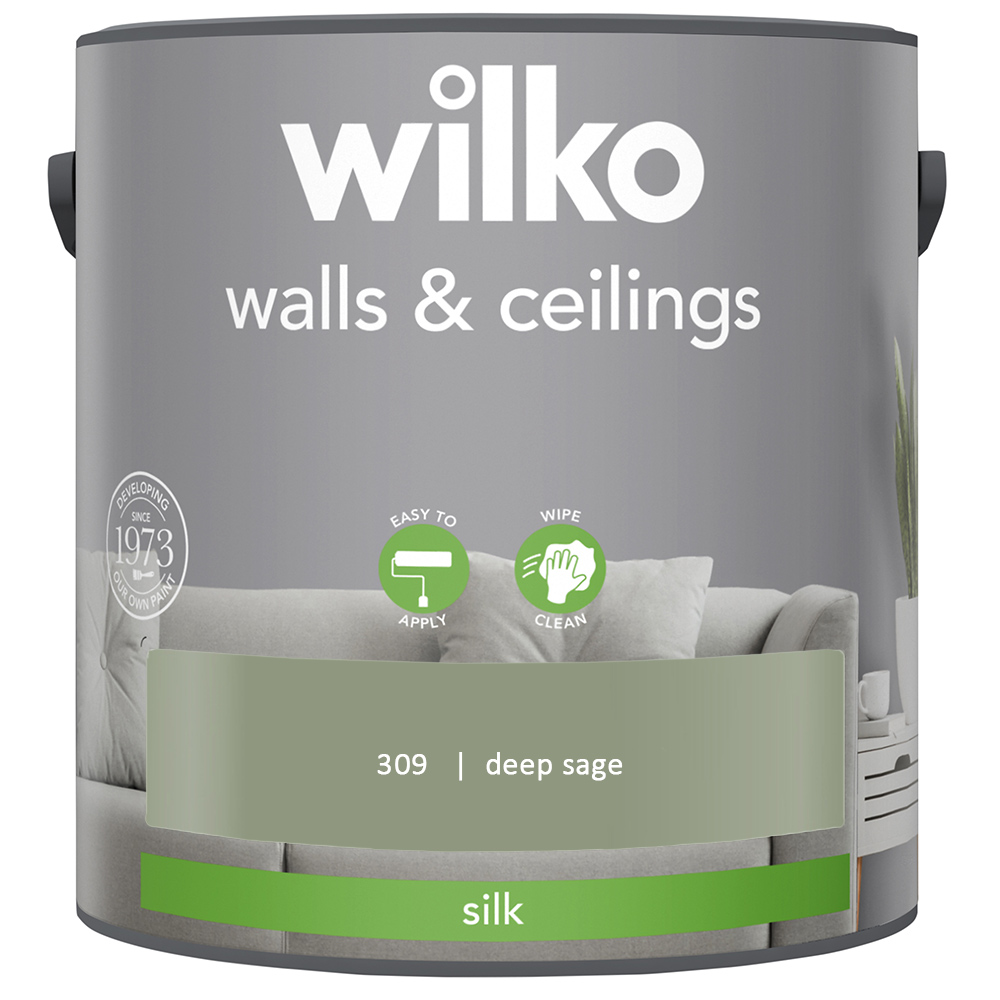 Wilko Walls & Ceilings Deep Sage Silk Emulsion Paint 2.5L Image 2