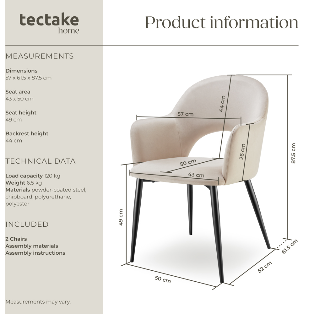 tectake Sasha Set of 2 Cream Dining Chair Image 9