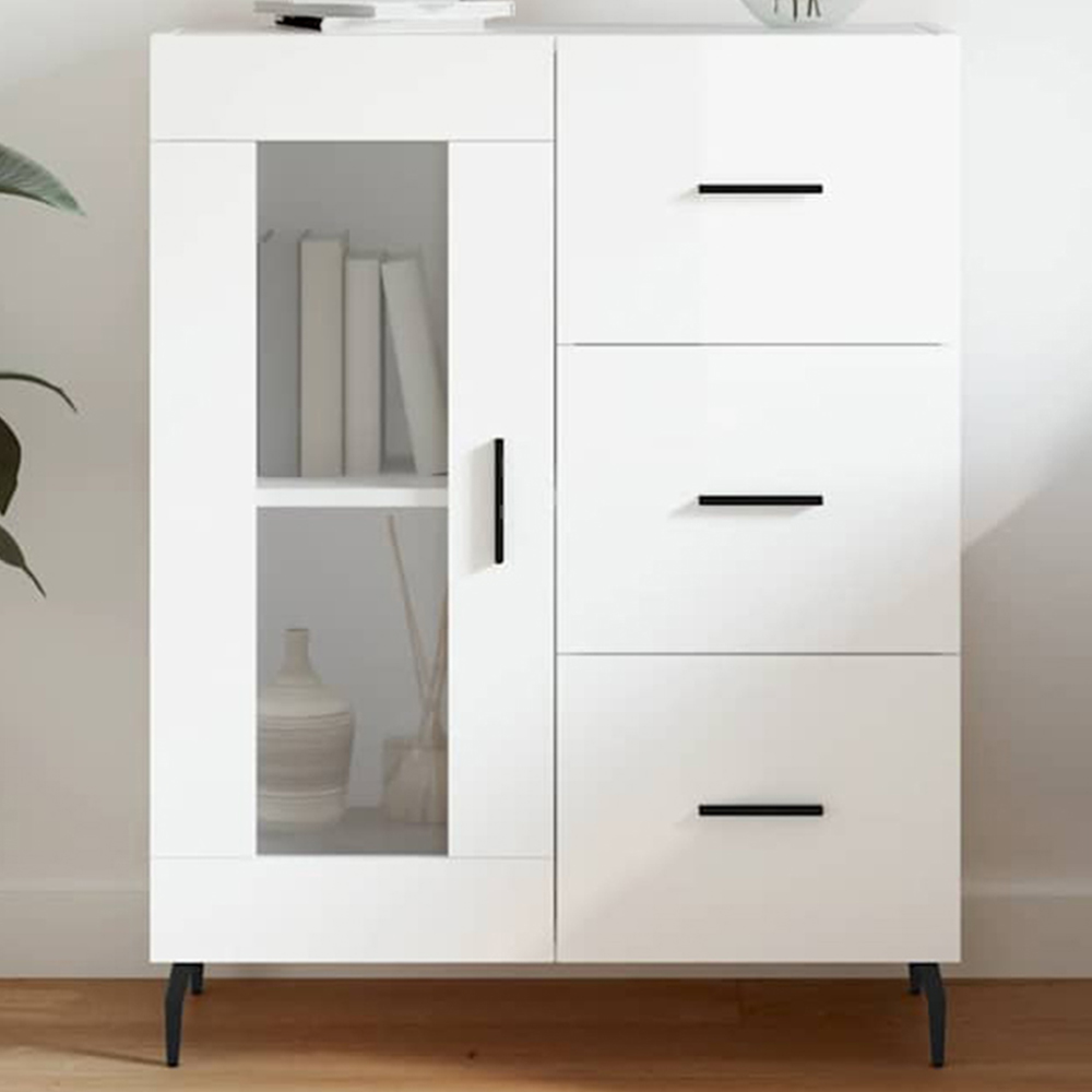 vidaXL Single Glass Door 3 Drawer High Gloss White Sideboard Image 1