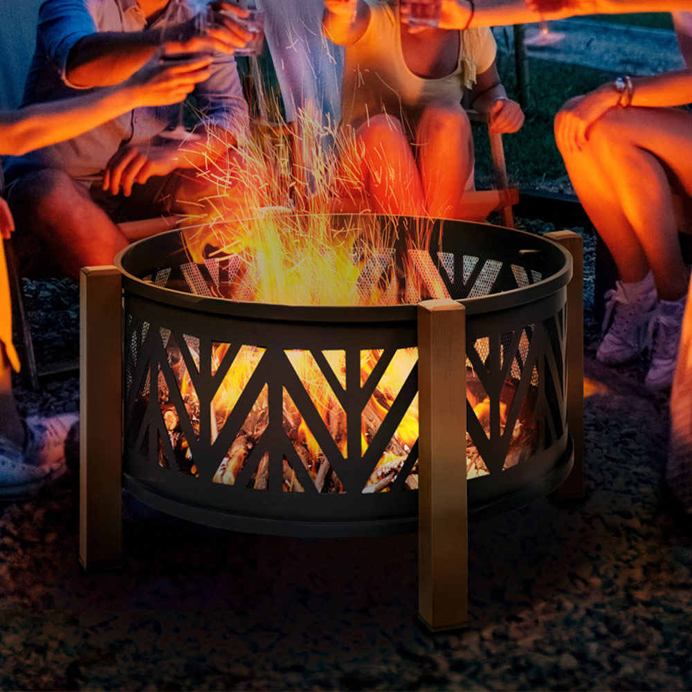 Outsunny Steel Fire Pit BBQ with 4 Side Feet, Poker and Mesh Lid Image 2
