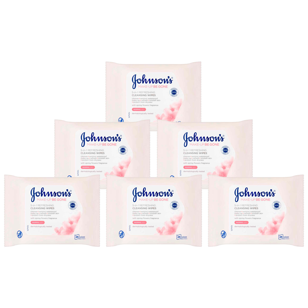 Johnsons Make Up Be Gone 5 in 1 Refreshing Cleansing Wipes Case of 6 x 25 Pack Image 1