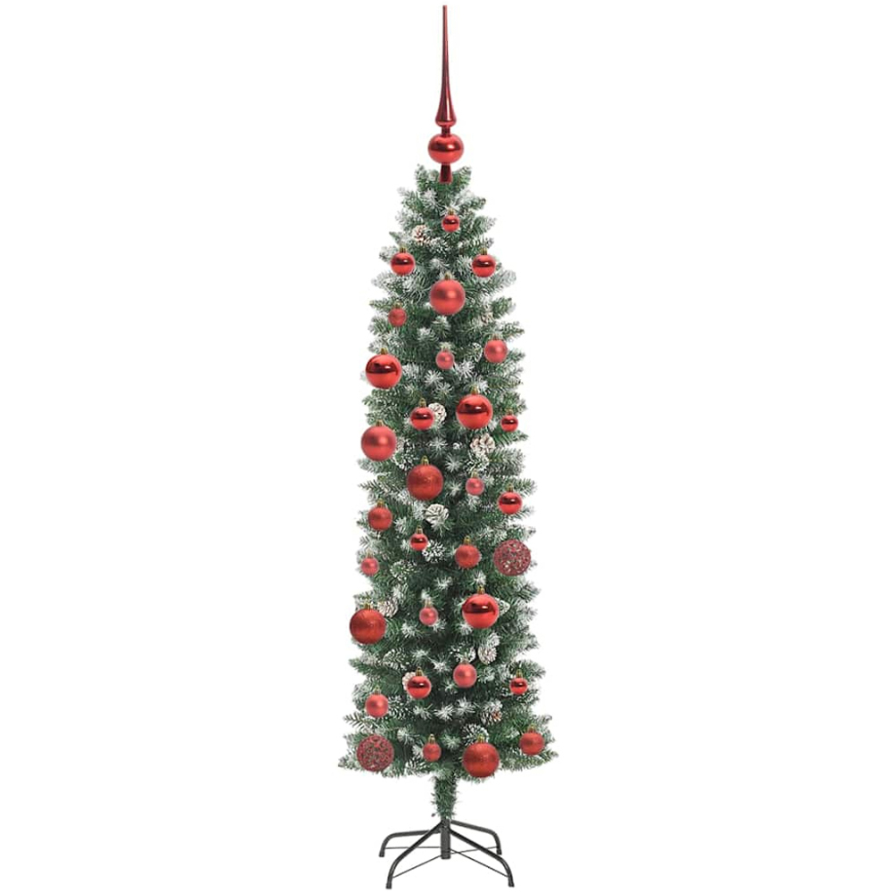 vidaXL Pre-Lit Warm White LED and Red Baubles Green Slim Artificial Christmas Tree 5ft Image 1