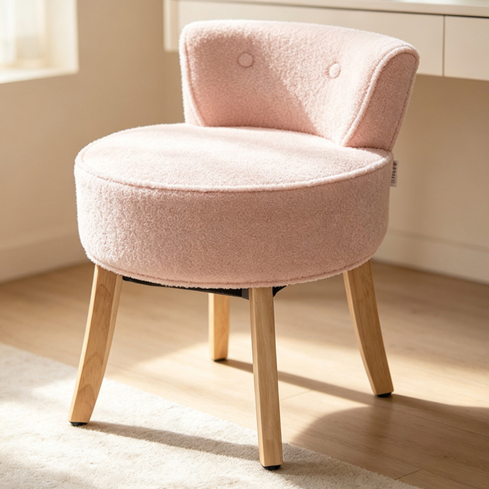 Living and Home Pink Teddy Fleece Button Tufted Vanity Stool Image 1