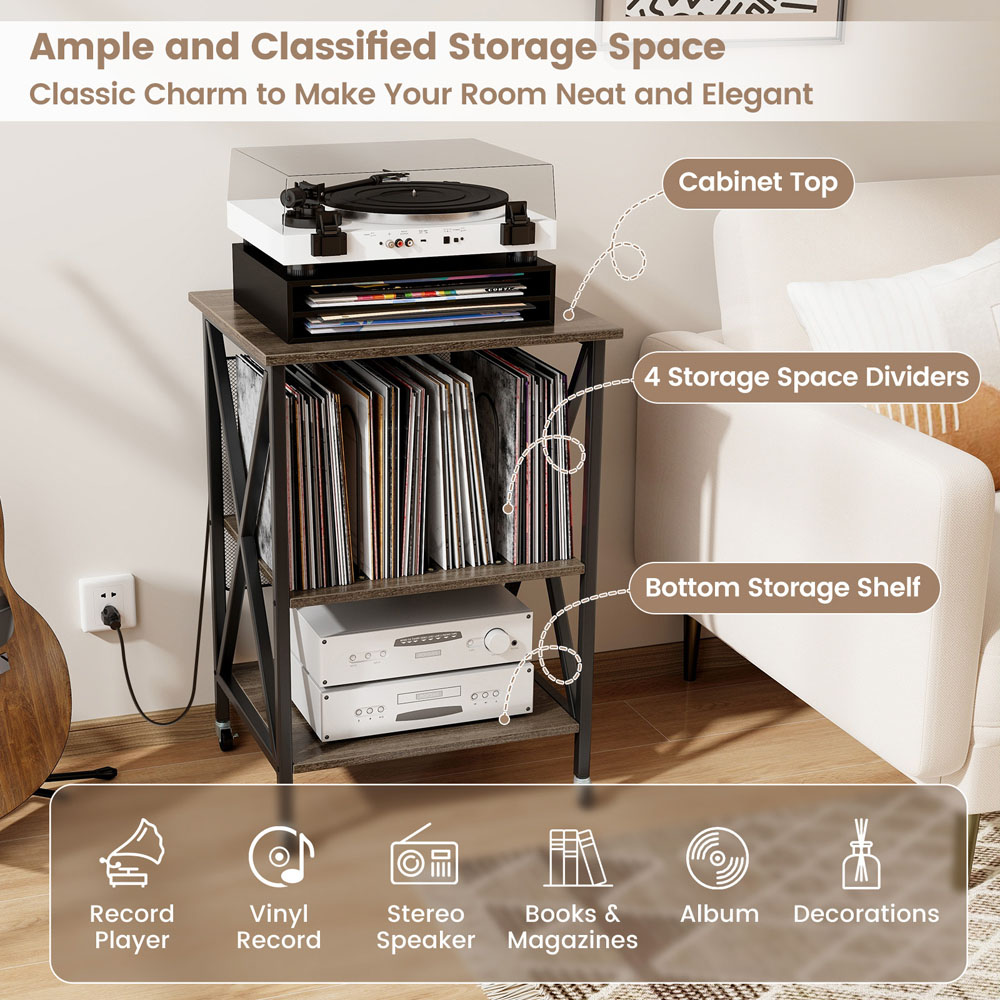 Costway 2 Shelf Grey Turntable Record Player Stand with Charging Station and Divider Image 6