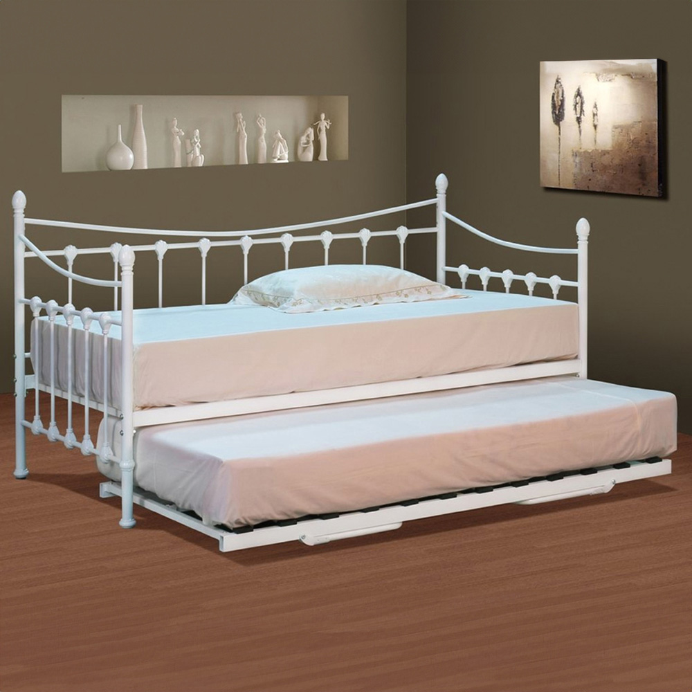 Brooklyn Ornate Single Sleeper White Metal Day Bed with Trundle Image 1