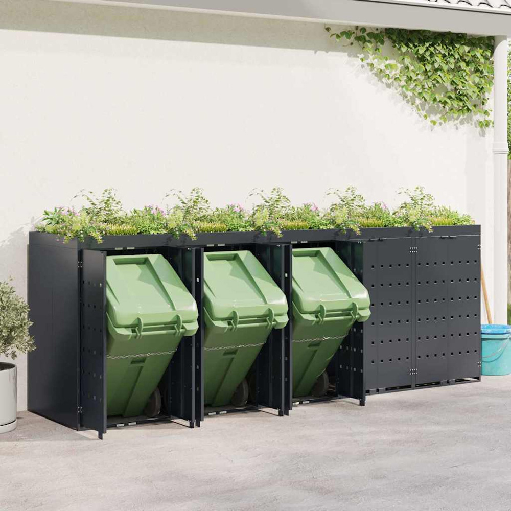 vidaXL Anthracite 5 Wheelie Bin Storage Shed with Planter Roof Image 2