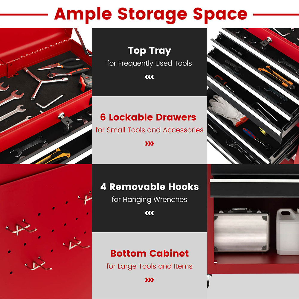 Costway 6 Drawer Black and Red Detachable Tool Storage Cabinet Image 6